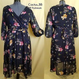 Dkny Women's Floral Faux Wrap Dress With Balloon Sleeve - In Spring Navy Size 16